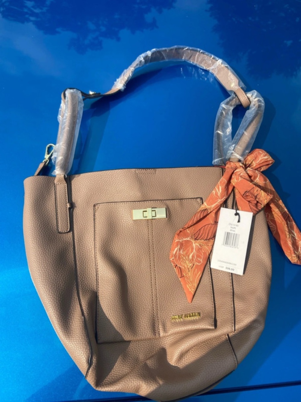 Steve Madden Taupe Pebbled Shoulder Bag with Orange Scarf Accent